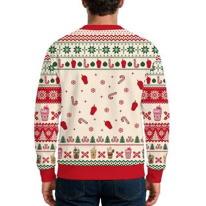 Adult modeling the Merry and Caffeinated ugly holiday sweater outdoors