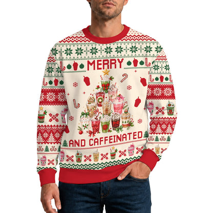 Festive lifestyle view of the Merry and Caffeinated christmas ugly sweater