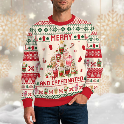Casual lifestyle shot of the beige red and green holiday ugly sweater