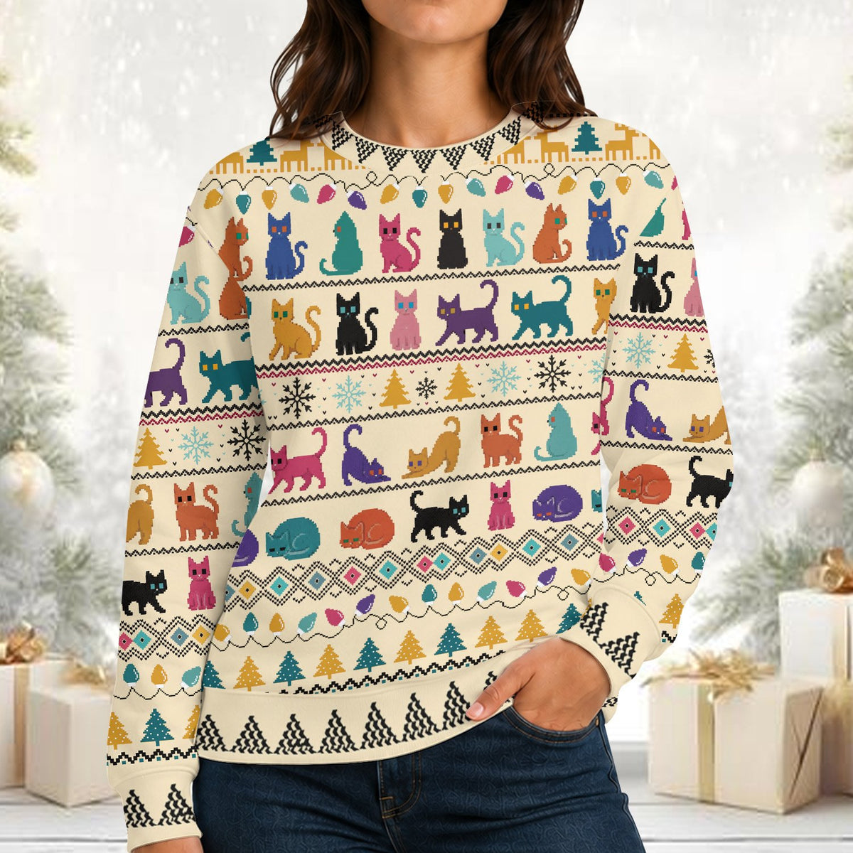 Lifestyle view of an adult wearing the beige ugly holiday sweater