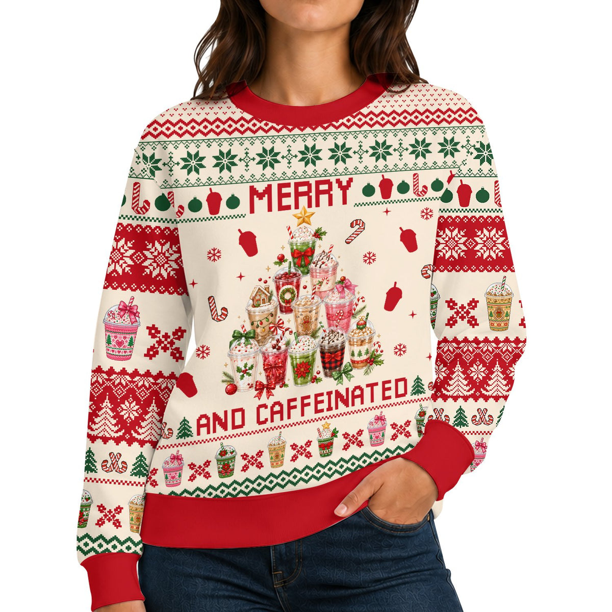 Adult wearing the Merry and Caffeinated holiday ugly sweater, lifestyle view
