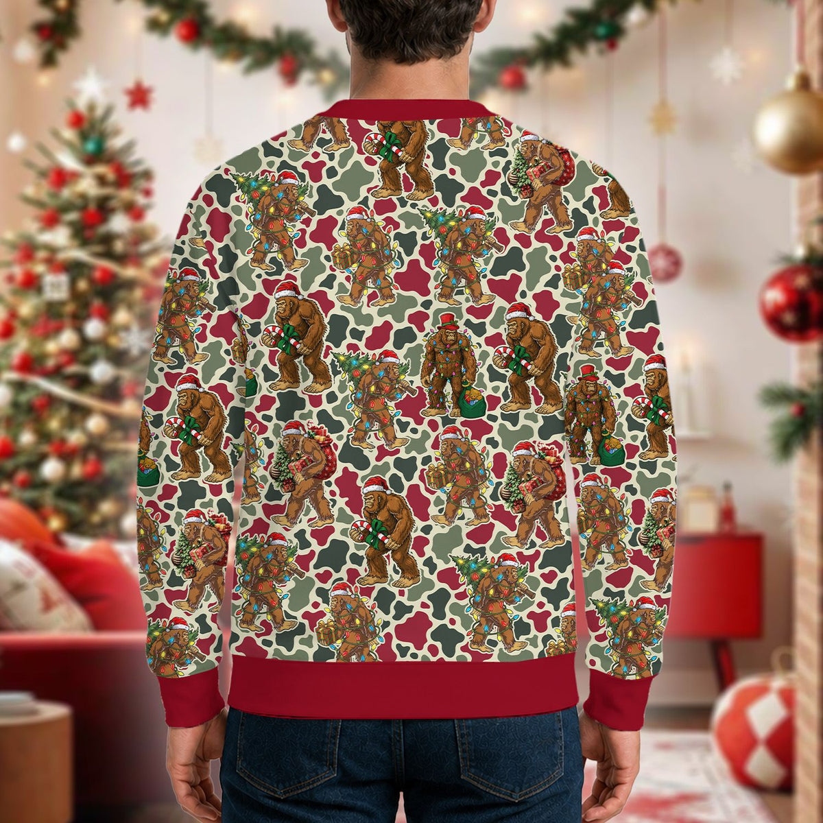 Alternate back view showing the all-over print camo and Bigfoot design