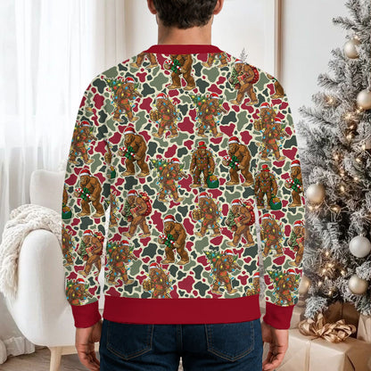 Alternate front view of the seasonal Bigfoot camo ugly sweater