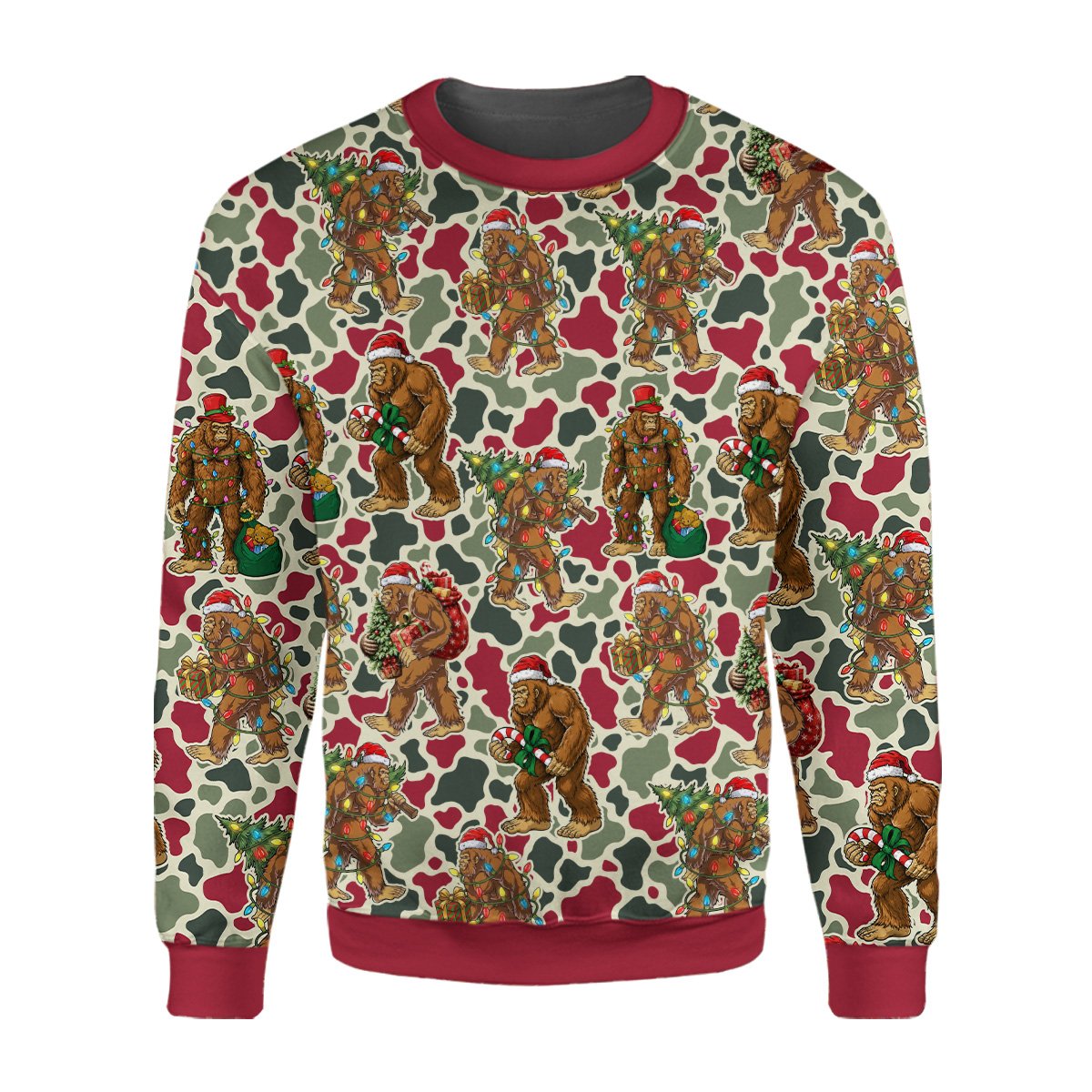 Close-up front view of the red, green, and beige camo ugly sweater