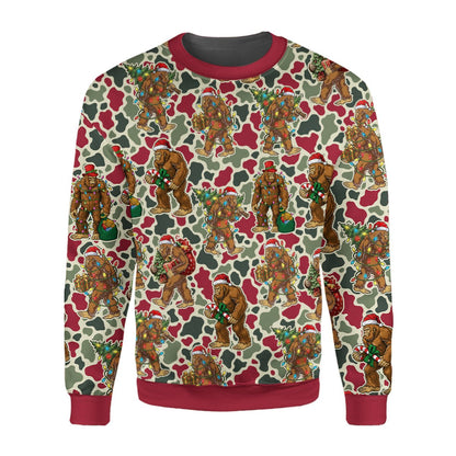 Close-up front view of the red, green, and beige camo ugly sweater