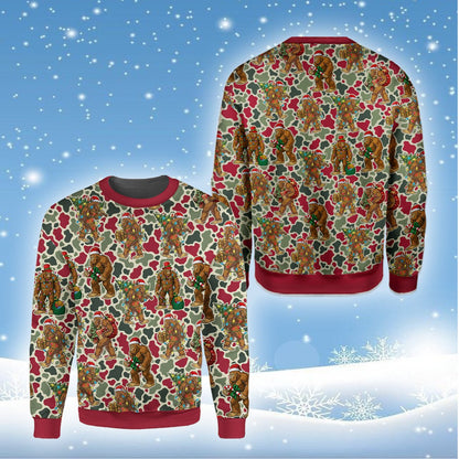 Main view of the ugly christmas sweater red and white camo featuring Bigfoot