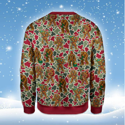 Second lifestyle image of the festive Bigfoot camo sweater in a holiday setting