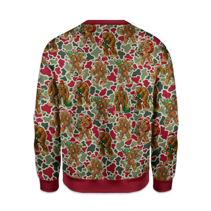 Third lifestyle shot highlighting the fun Bigfoot design on the ugly sweater