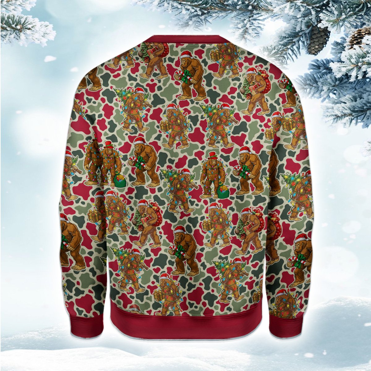 Lifestyle image of an adult wearing the Christmas Bigfoot ugly sweater