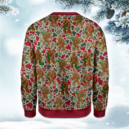 Lifestyle image of an adult wearing the Christmas Bigfoot ugly sweater