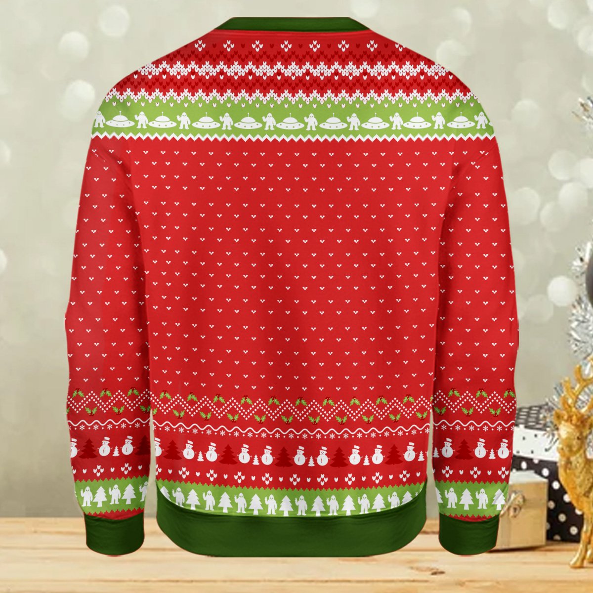 Close-up back view of the holiday ugly sweater