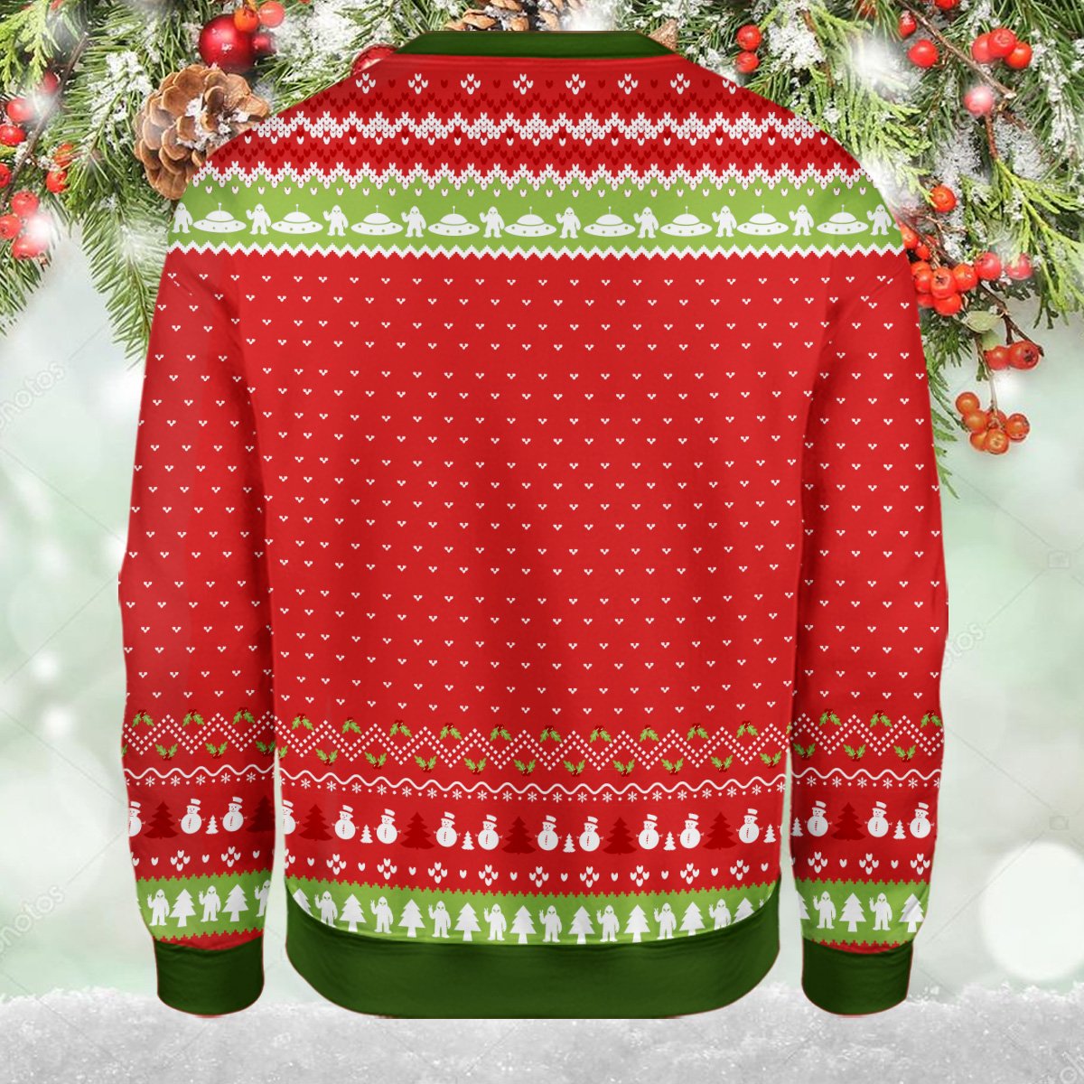Flat lay back view of the red ugly sweater