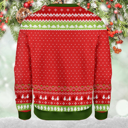 Flat lay back view of the red ugly sweater