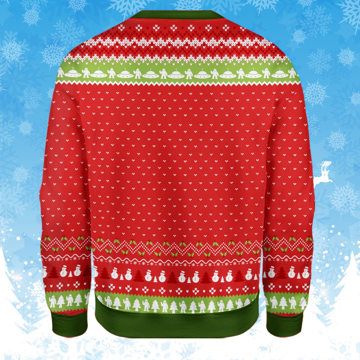 Back view of the red christmas bigfoot ugly sweater