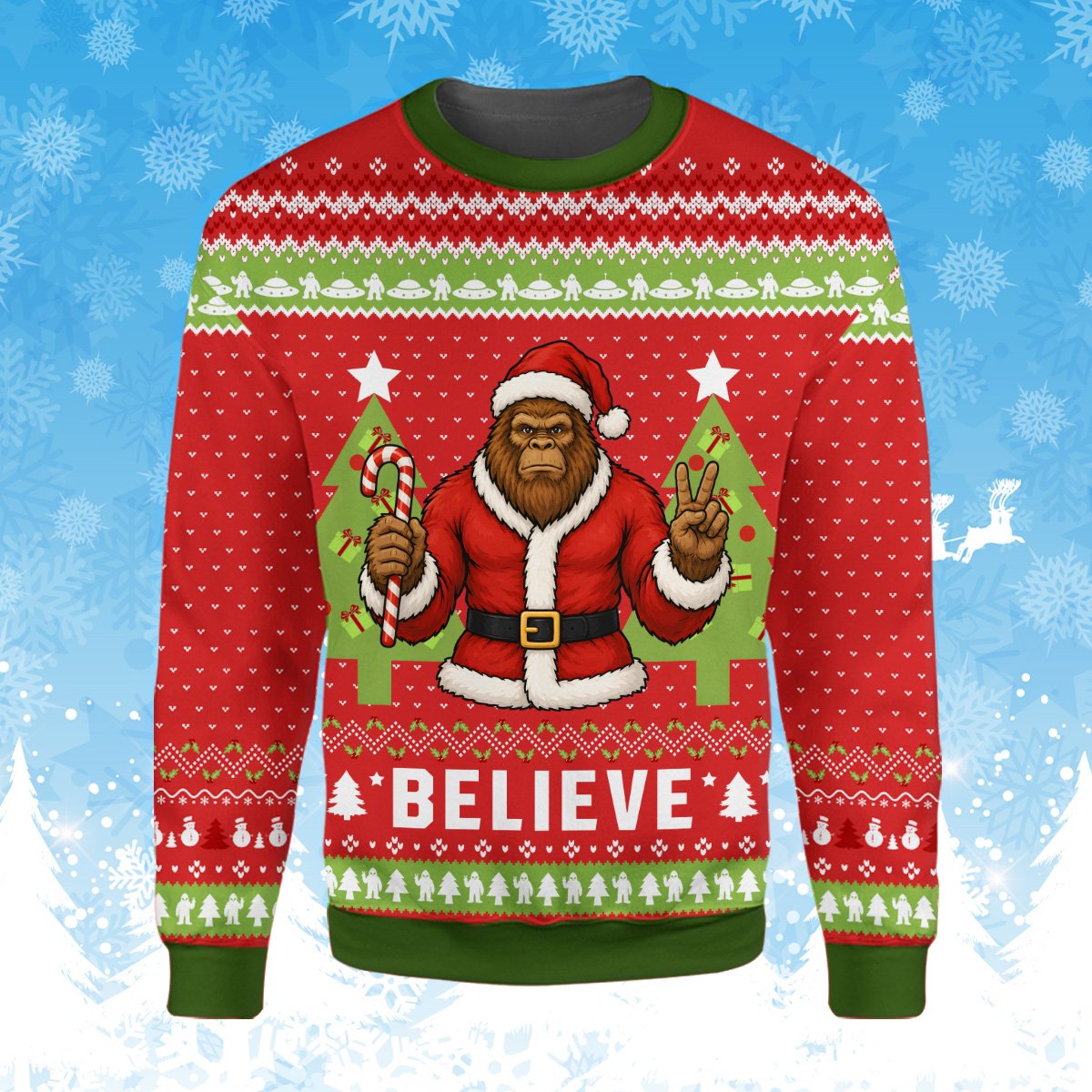Front view of the holiday ugly sweater showing Bigfoot holding a candy cane