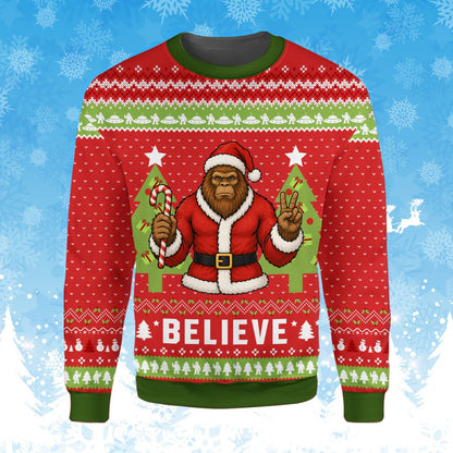 Front view of the holiday ugly sweater showing Bigfoot holding a candy cane