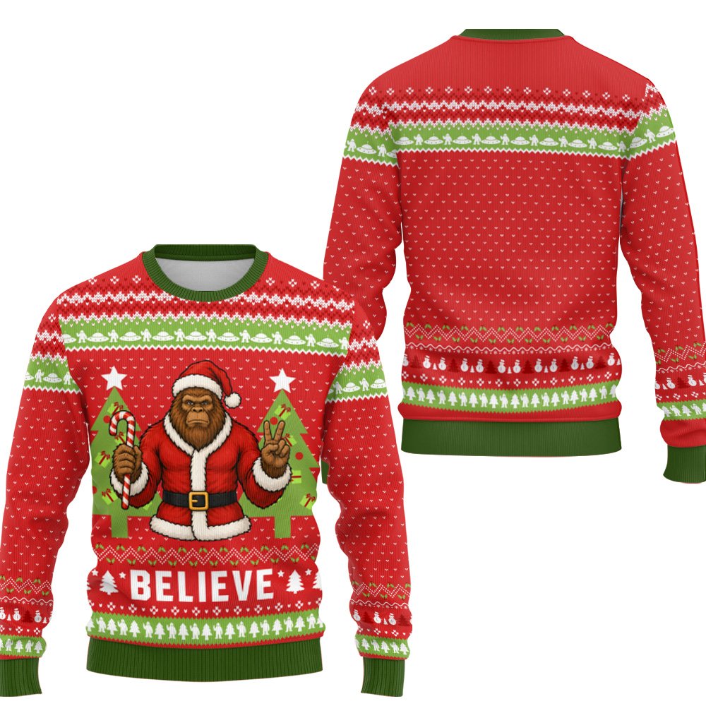 Detailed front view of the fair isle pattern with UFOs and snowmen