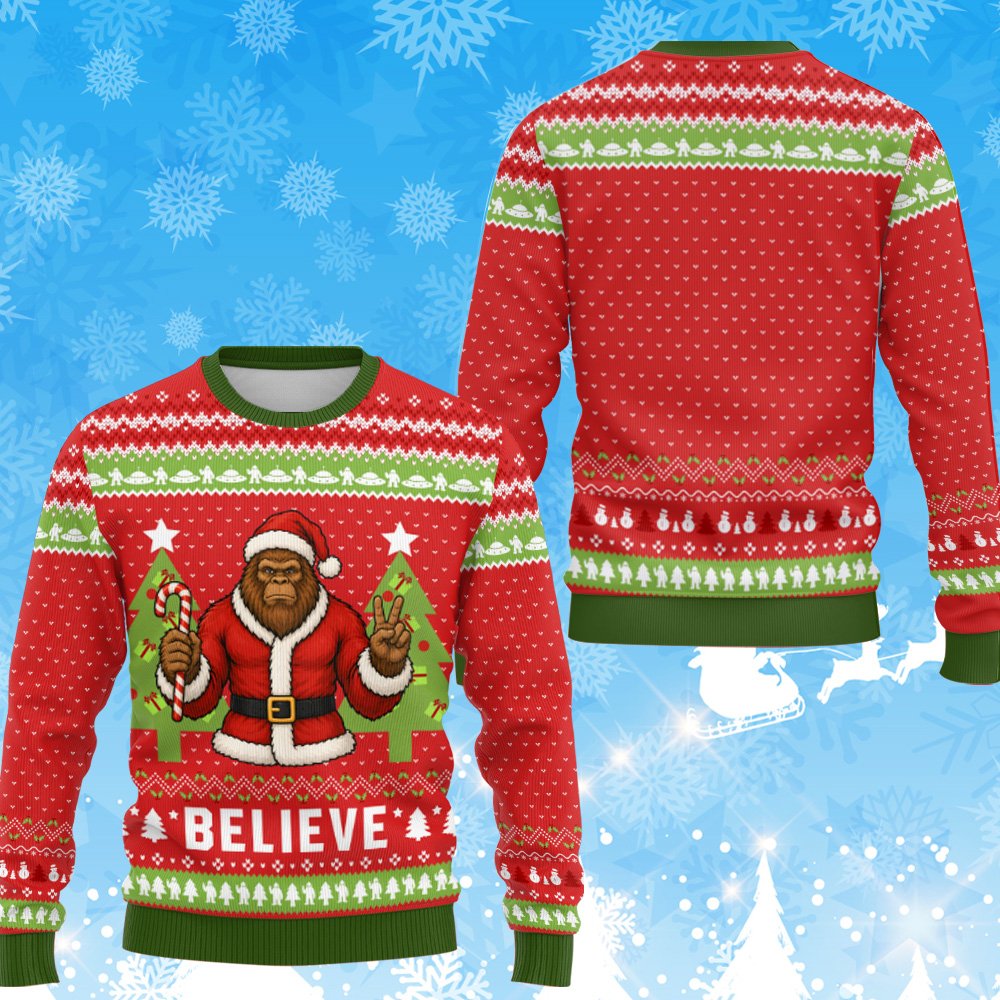 Angled front view of the bigfoot ugly sweater