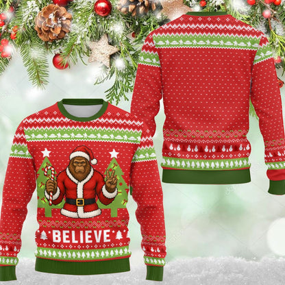 Flat lay front view of the Christmas Bigfoot holiday sweater