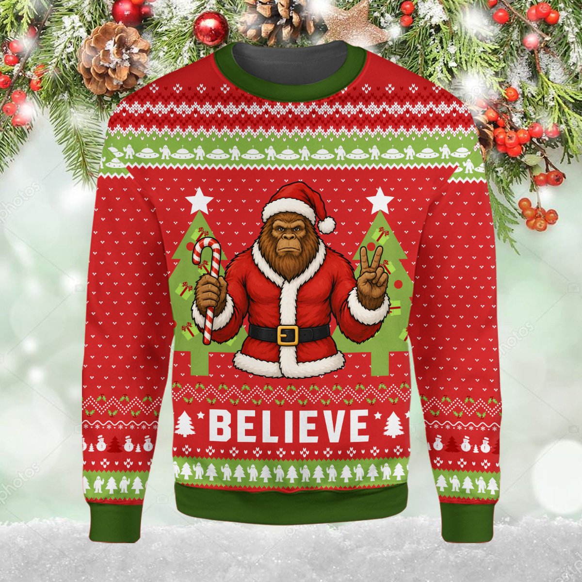 Close-up front view of the red christmas bigfoot ugly sweater design