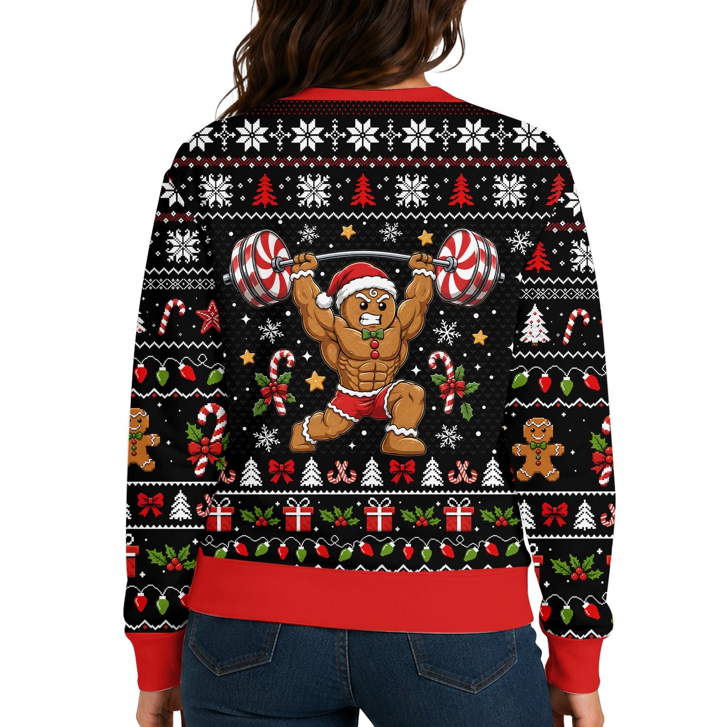 Close-up back view of the holiday ugly sweater pattern