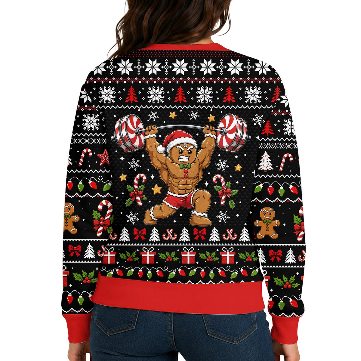 Close-up back view of the holiday ugly sweater pattern
