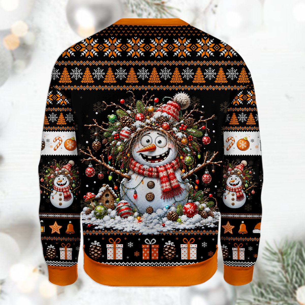 Black chaotic snowman ugly holiday sweater, back view