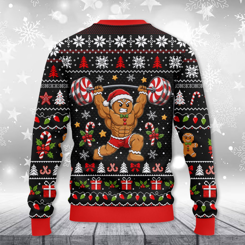Back view of the black ugly christmas sweater showing the festive holiday pattern