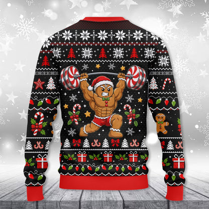 Back view of the black ugly christmas sweater showing the festive holiday pattern