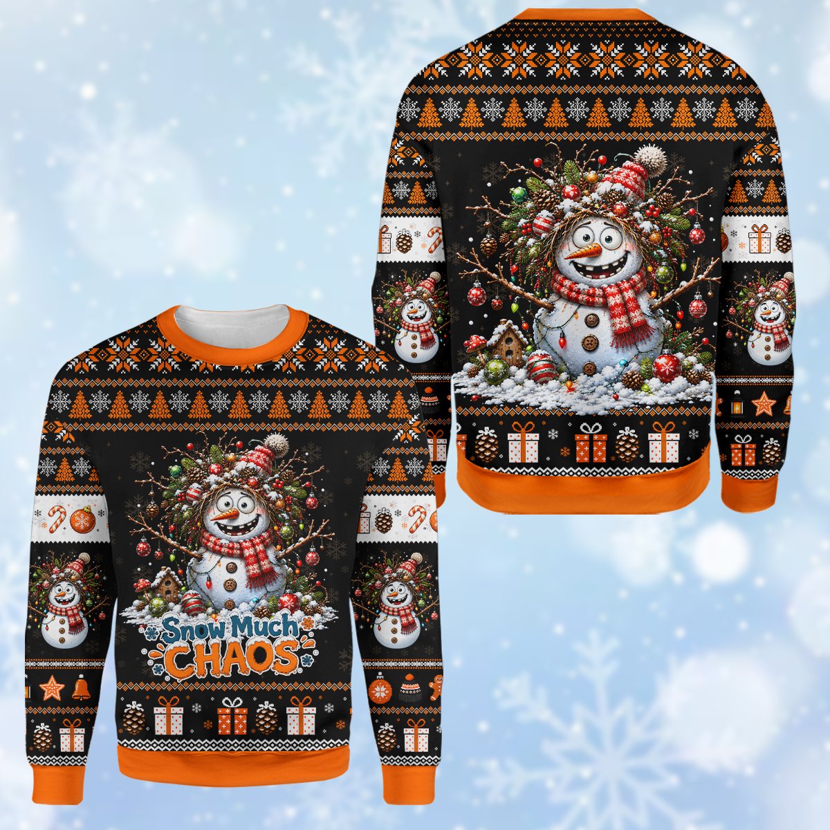 Black chaotic snowman ugly holiday sweater, secondary front view