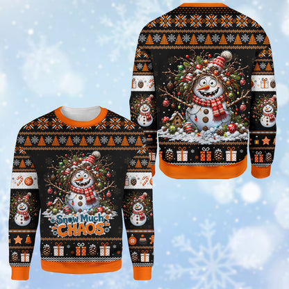 Black chaotic snowman ugly holiday sweater, secondary front view