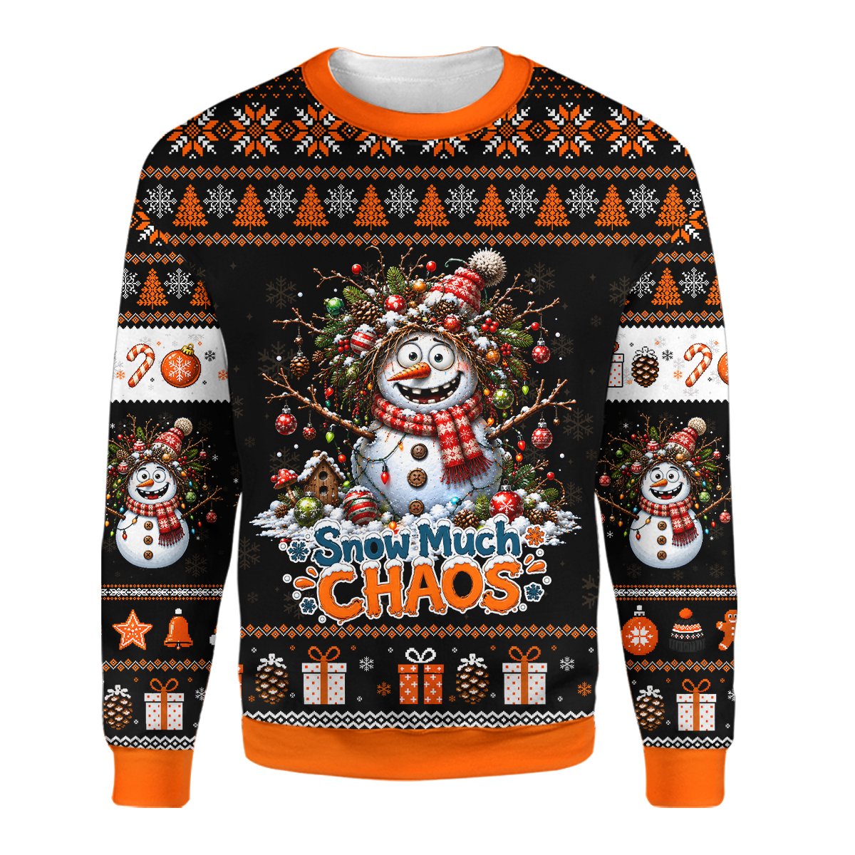Black ugly holiday sweater with snowman and snow much chaos text, third front view