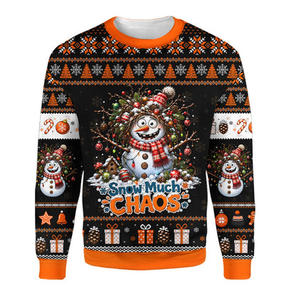 Black ugly holiday sweater with snowman and snow much chaos text, third front view