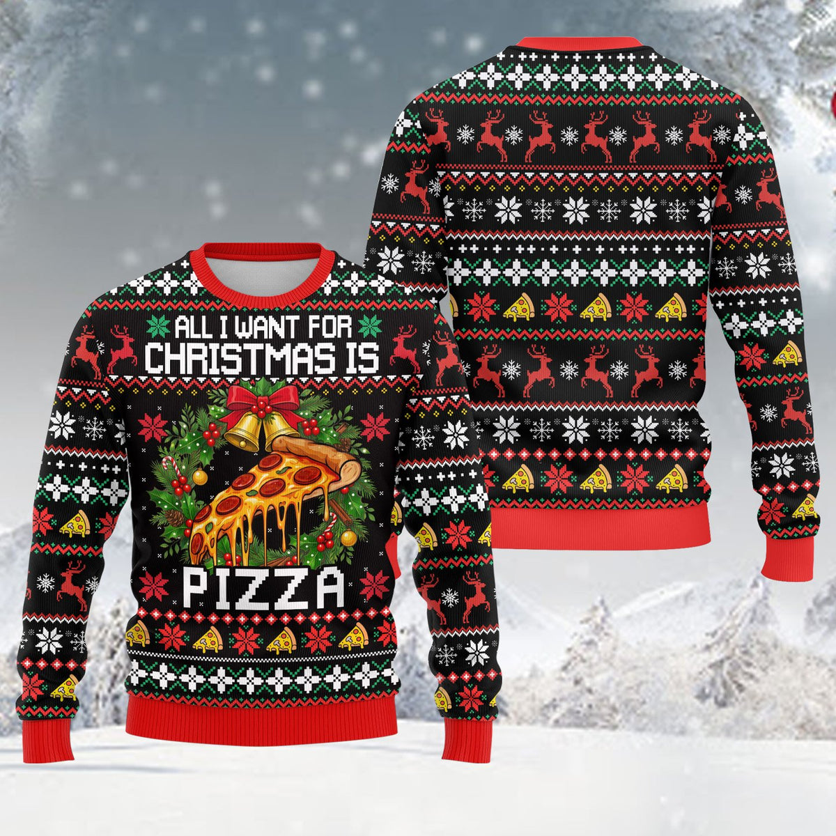 Detailed front view of pizza christmas sweater
