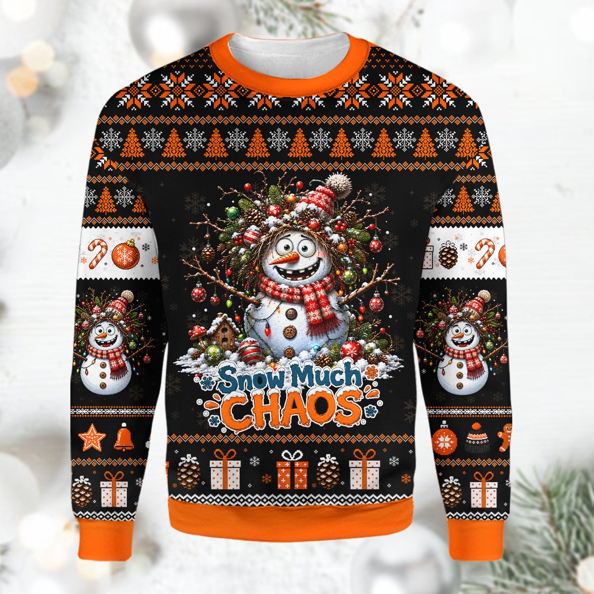 Black holiday ugly sweater with chaotic snowman, fourth front view