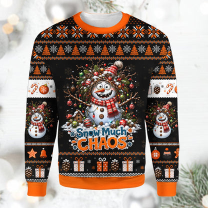 Black holiday ugly sweater with chaotic snowman, fourth front view