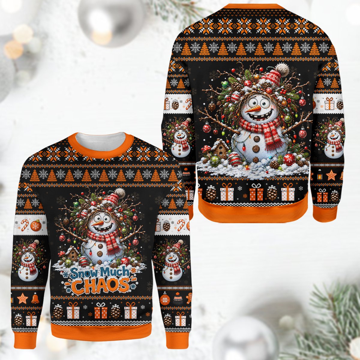 Black ugly christmas sweater style top, fifth front view