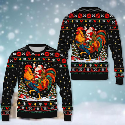 Front view of the black christmas ugly sweater with Santa and rooster design