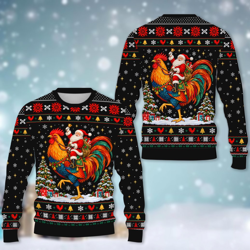 Black christmas ugly sweater featuring Santa riding a giant rooster, main view