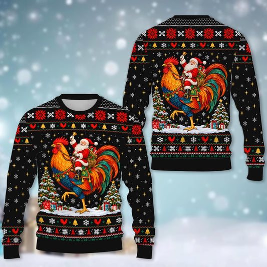 Black christmas ugly sweater featuring Santa riding a giant rooster, main view