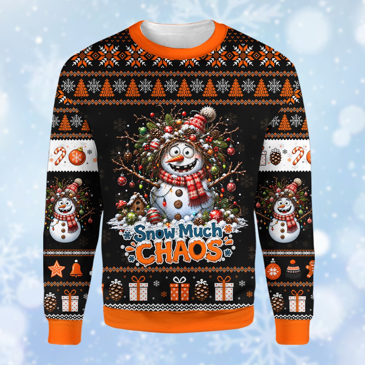 Black ugly holiday sweater featuring a chaotic snowman design and fair isle patterns, main view