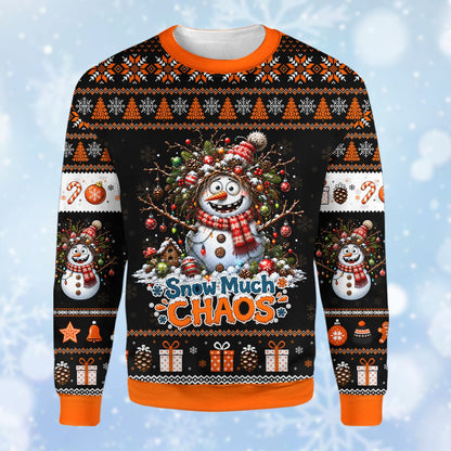 Black ugly holiday sweater featuring a chaotic snowman design and fair isle patterns, main view