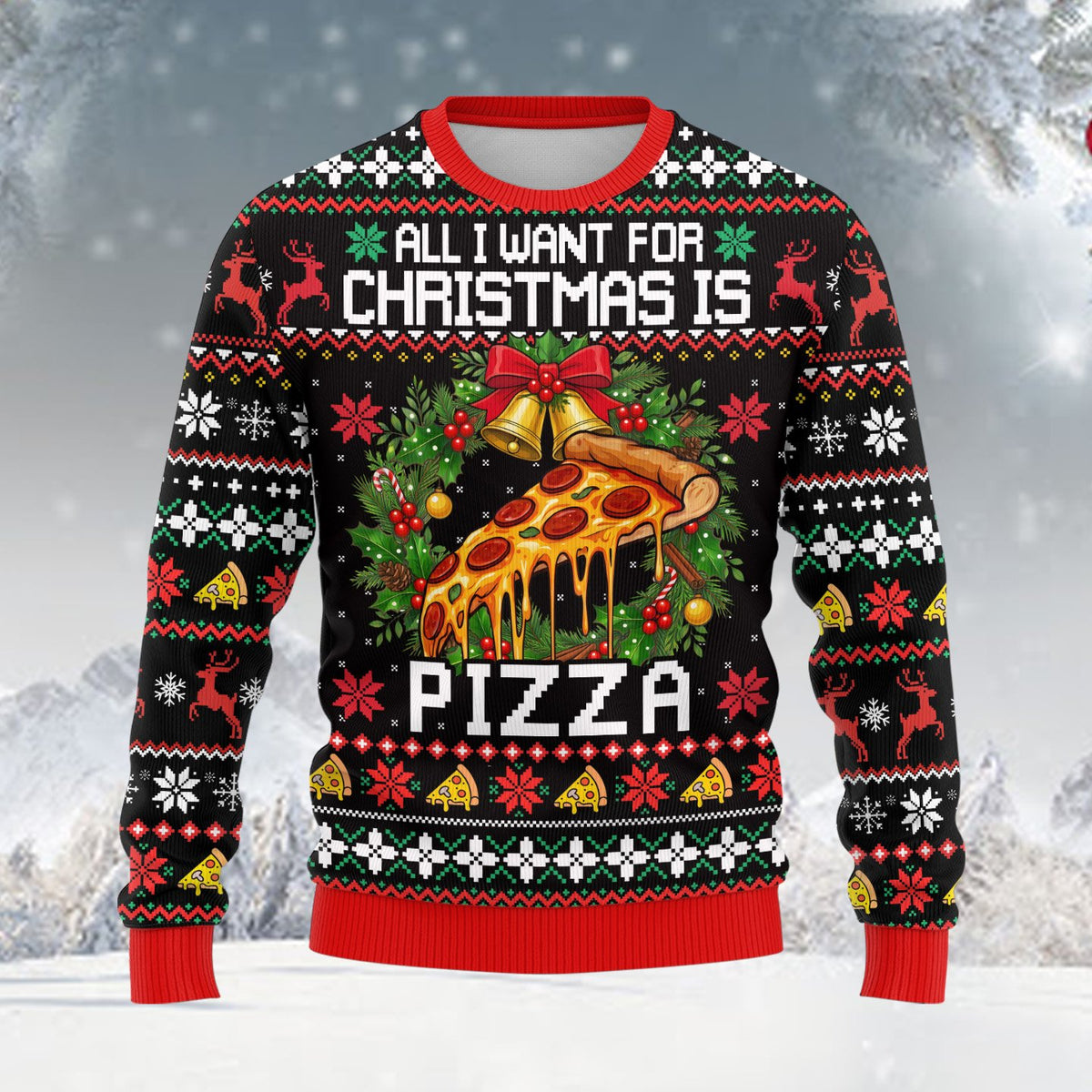 Front view of black ugly christmas sweater with pizza graphic