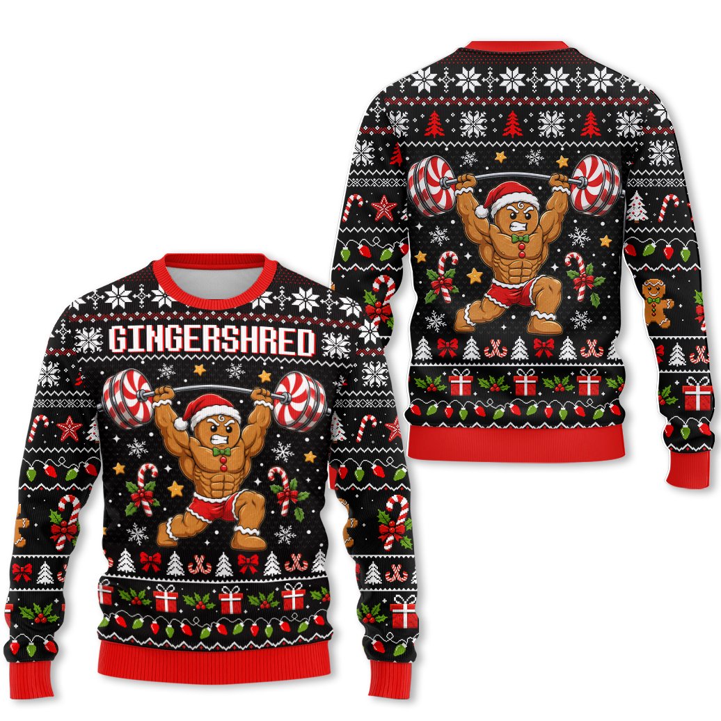 Main view of the black ugly christmas sweater featuring a weightlifting gingerbread man