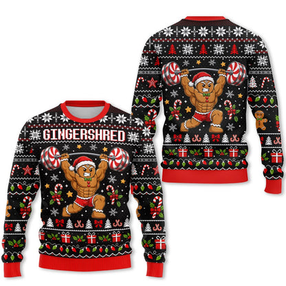 Front view of the black ugly christmas sweater with a weightlifting gingerbread man
