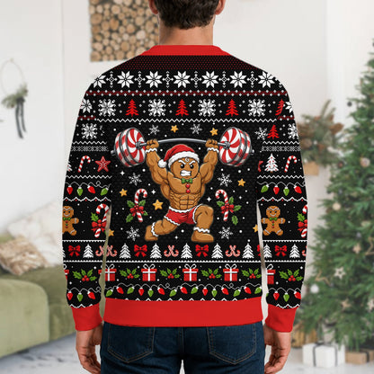 Second lifestyle view of a person wearing the weightlifting gingerbread man ugly sweater