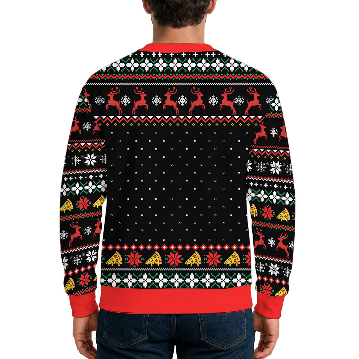 Third lifestyle view of pizza ugly christmas sweater