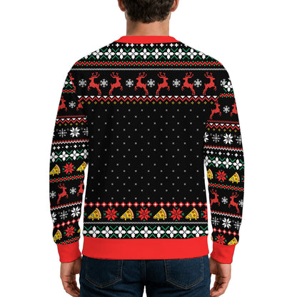 Third lifestyle view of pizza ugly christmas sweater