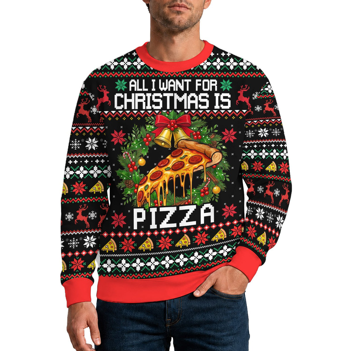 Lifestyle view of person wearing black ugly christmas sweater men