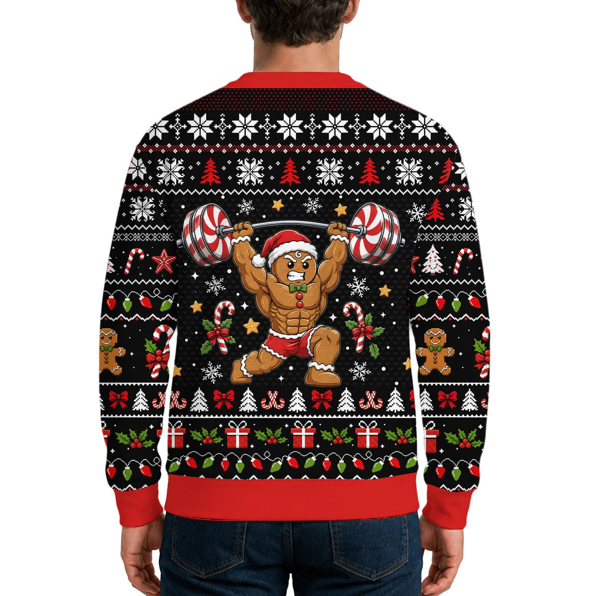 Lifestyle view of a person wearing the black ugly christmas sweater